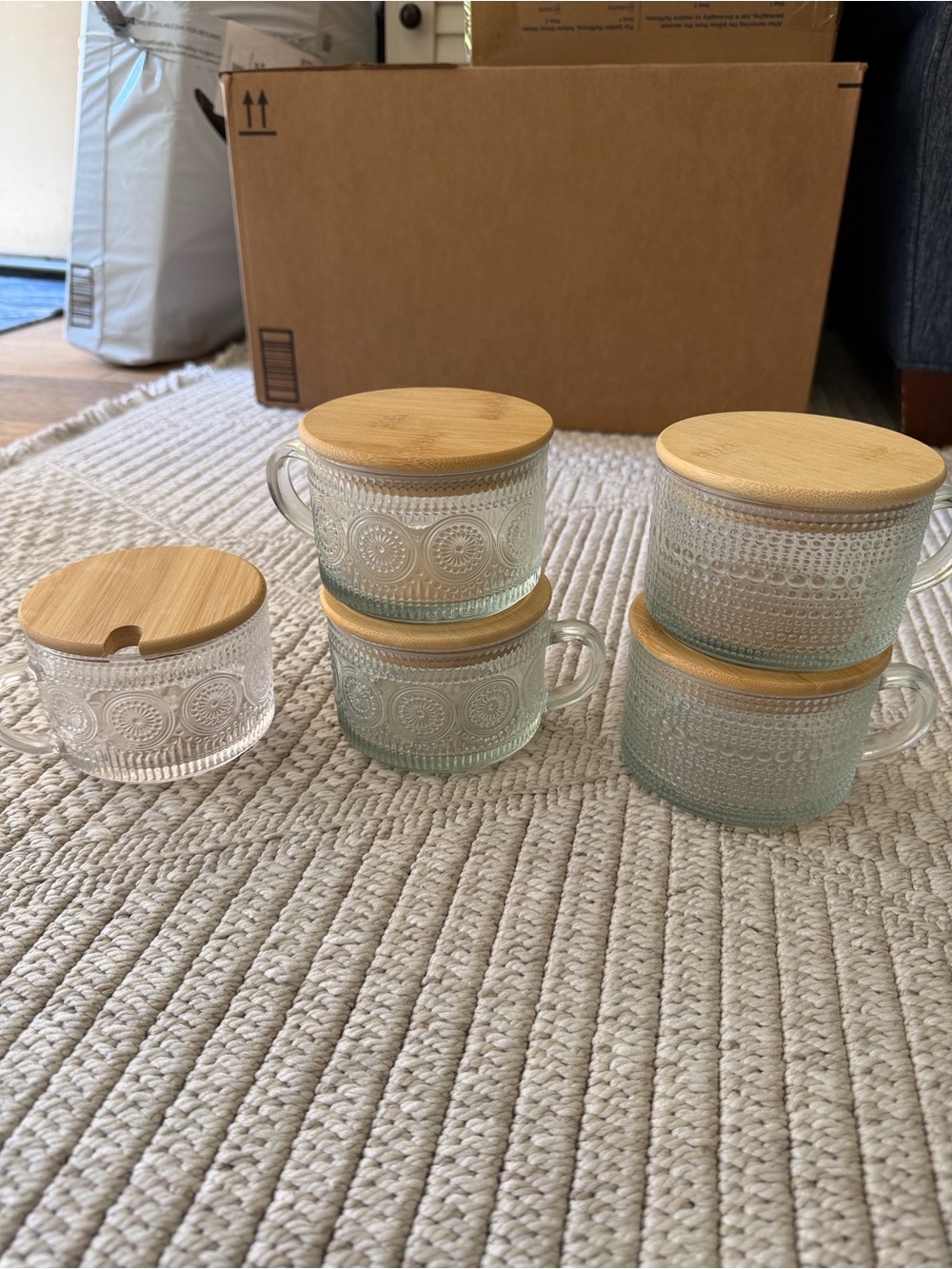 Set of 5 Embossed Glass Canisters with Bamboo Lids